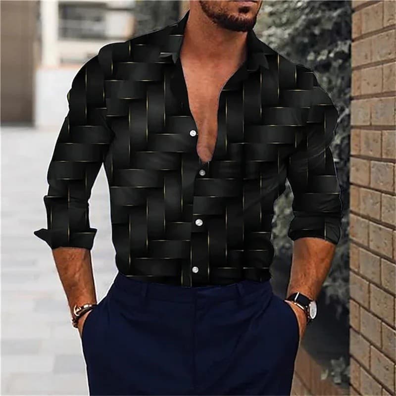 Camisa masculina de botões com listras estilosas e detalhes em preto, impressão 3D, gola de lapela, manga longa, casual,