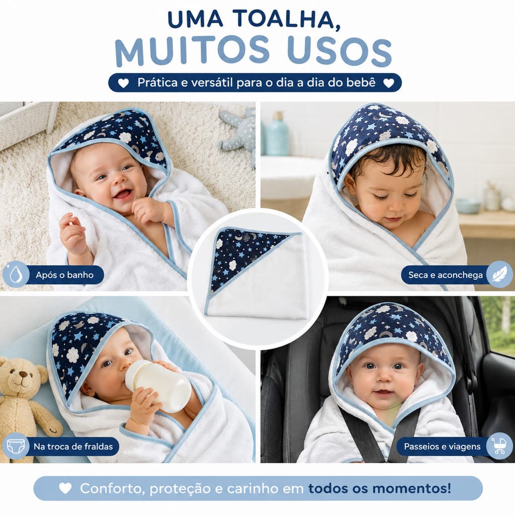 Toalha de Banho Bebê com Capuz 70x70cm Forro Fralda 100% Algodão Macia Enxoval Infantil