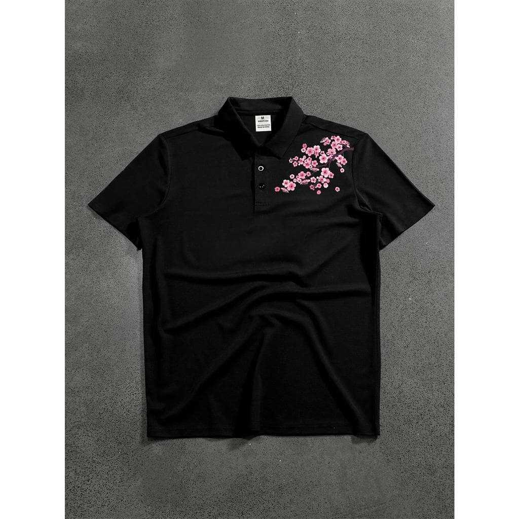 Camisola de Manga Curta para Homem, Camisola Polo, Estampado com Padrão de Flor de Cerejeira, Estilo Casual, Corte Larga