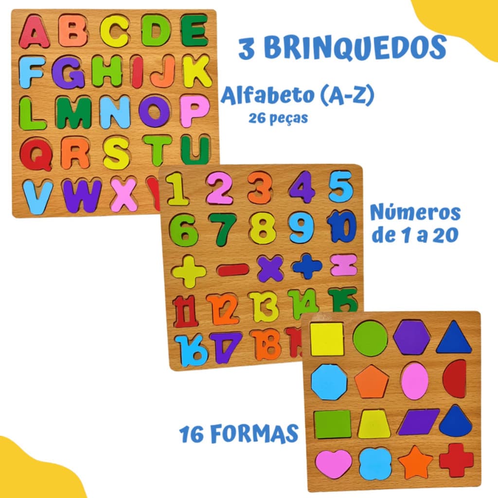 Brinquedo Educativos Alfabeto Números e Formas Geométricas Brinquedo Montessori Madeira