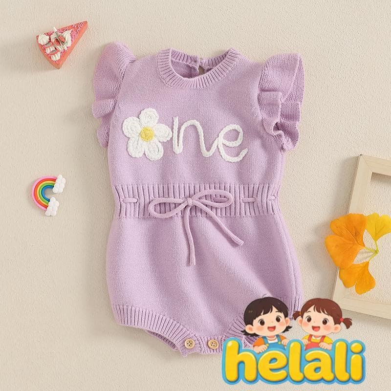 [helali] Macacão De Malha De Aniversário Para Bebês Meninas , Mangas Voadoras , Gola Redonda , Letras , Bordado Floral ,