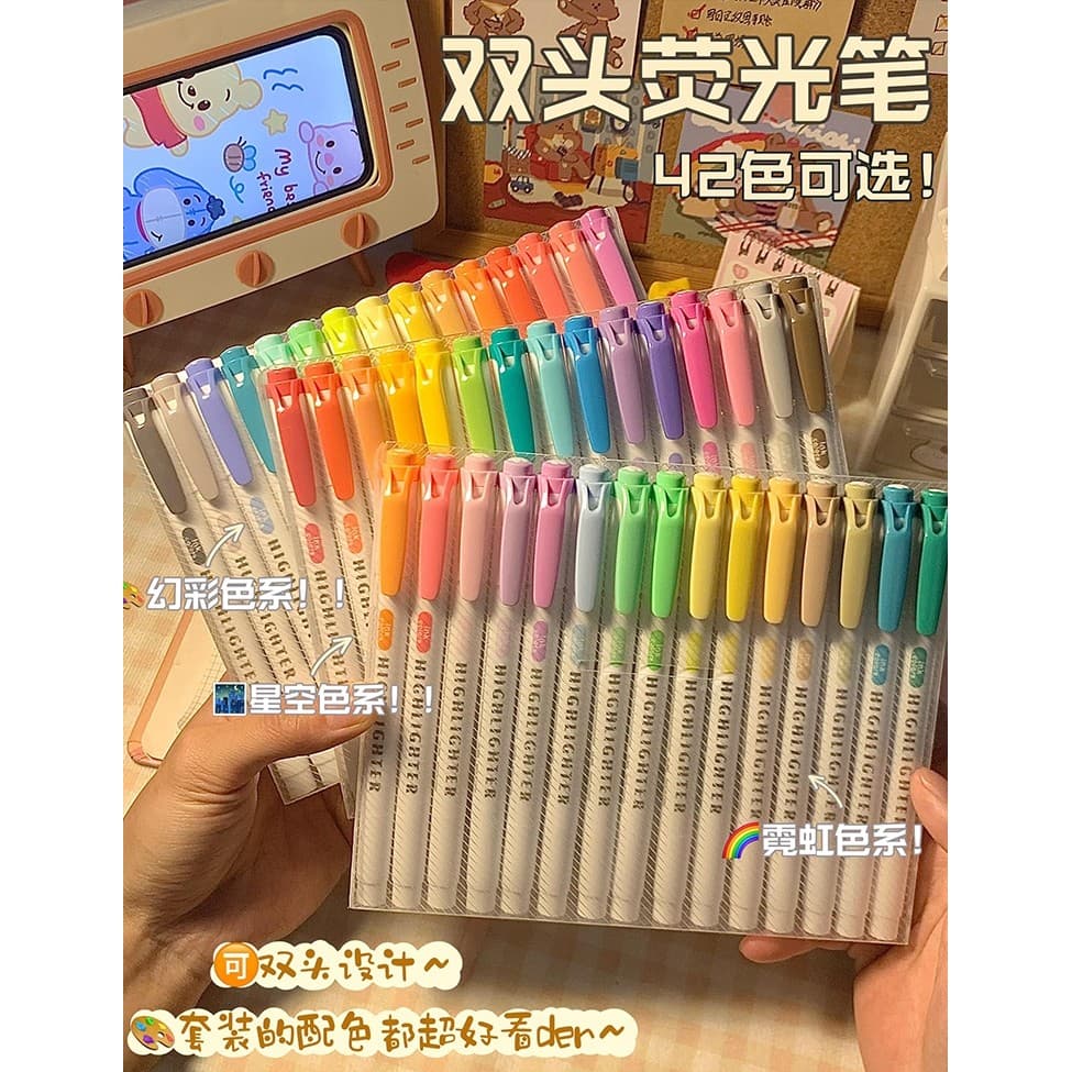 Nova cor Caneta marcadora de duas cabeças Marcador de cor clara Manual do aluno Papelaria para notas Cor Conjunto comple