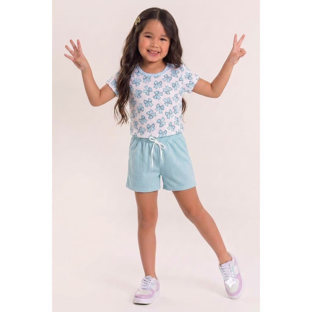 Conjunto Infantil Verão Feminino Laços Azul - Branco Suplex | ED KIDS
