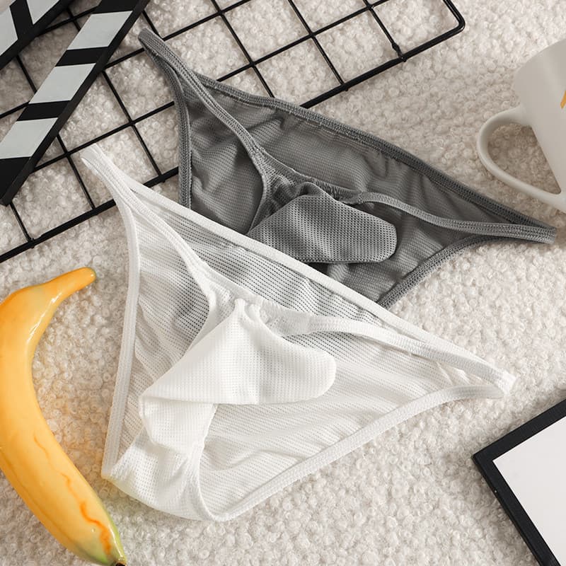 Cuecas masculinas de cintura baixa em seda gelada, com bolsa sensual para o pênis e design separado para o pênis e escro