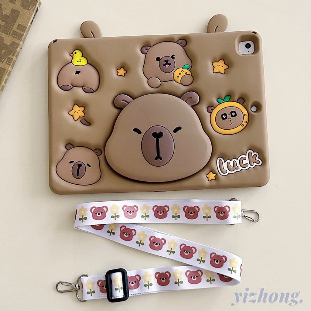 Capa para iPad 10.2 mini 1/2/3/4/5/6/7 Air 2025 6Pro 10.9 Pro 11 Silicone à prova de choque, fofa, 3D Capivara Protetora