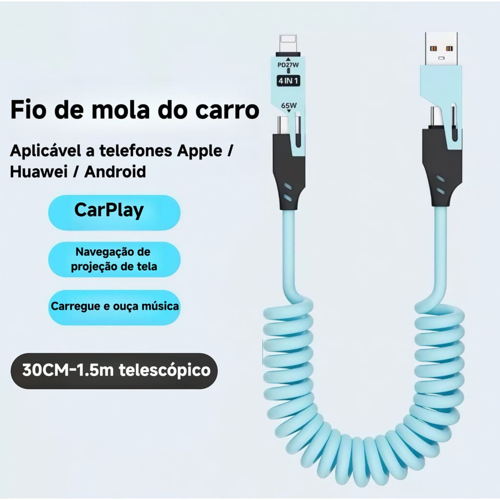 Cabo de dados quatro em um retrátil de carregamento Super rápido de 1.5 m Cabo de carregamento de carro Cabo de mola de