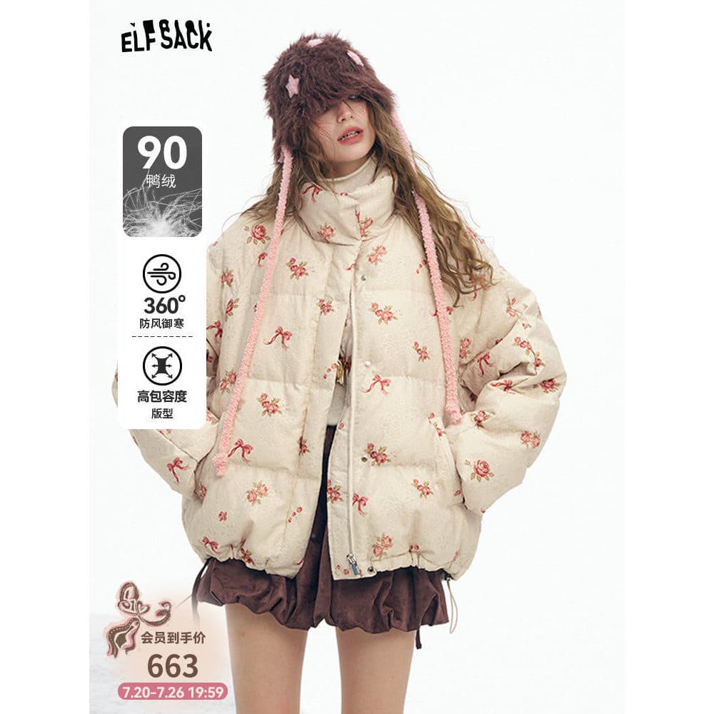 Fada bolso renda impressão completa curto jaqueta feminina 2025 inverno novo estilo pequeno jaqueta quente pão