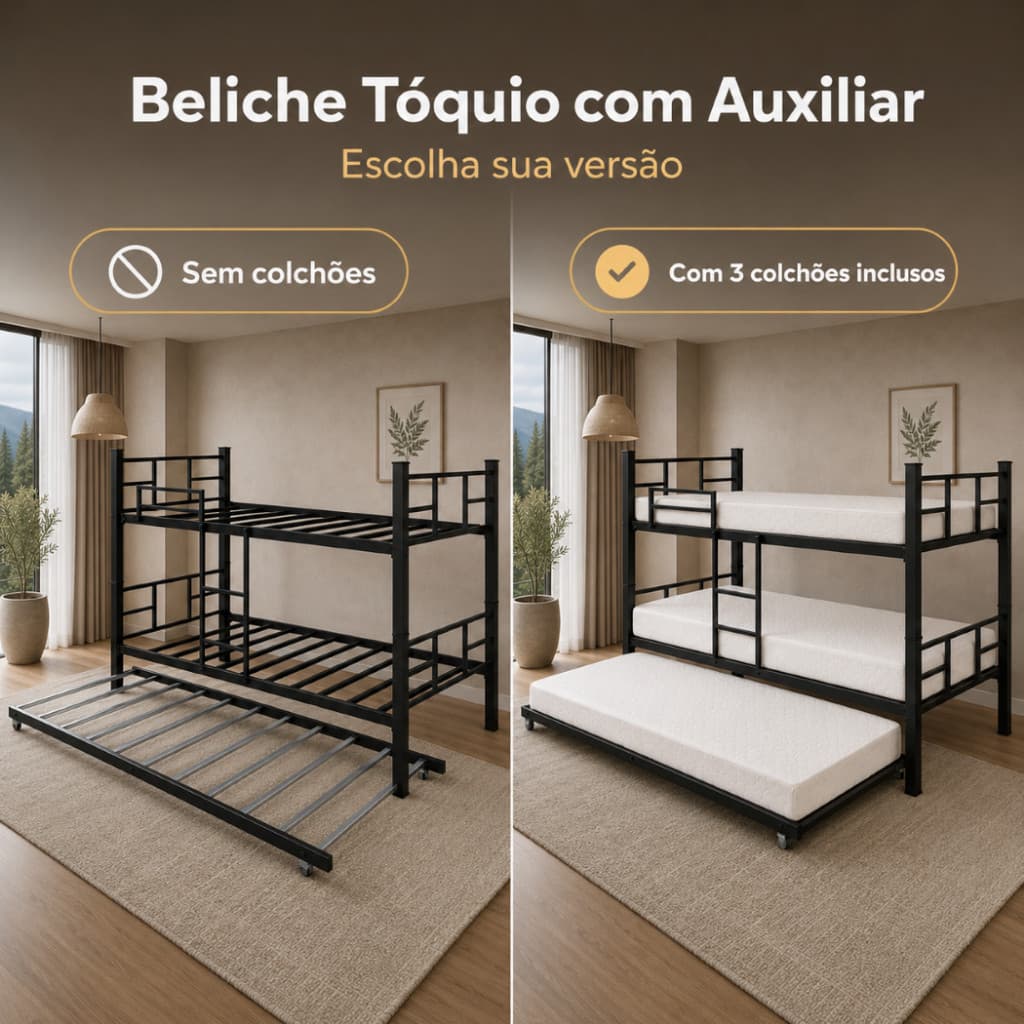 Cama Beliche de Ferro Tóquio com Auxiliar para Quarto Compacto - com ou sem 3 Colchões
