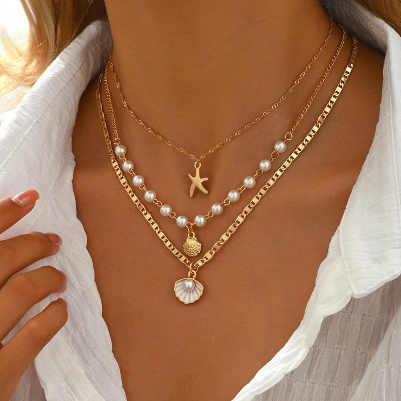 ‌ LANXIU Boho Estrela Do Mar Concha Pérola Em Camadas Colar Conjunto Praia Jóias Feminino Ajustável Chique Acessório Pre