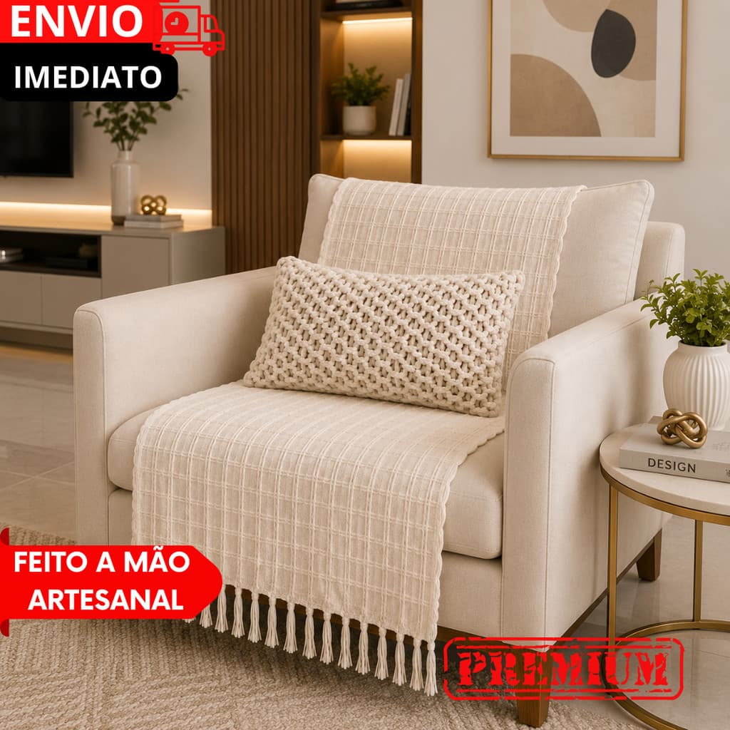 Peseira Luxo Para Cama Queen King Manta Artesanal C/ Franjas Algodão PREMIUM