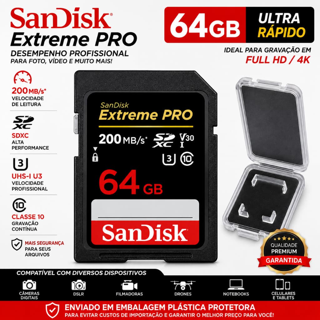 Cartão de memória 64GB SD Extreme PRO SDXC UHS-I - C10, U3, V30, 4K UHD Alta Velocidade Envio Rápido