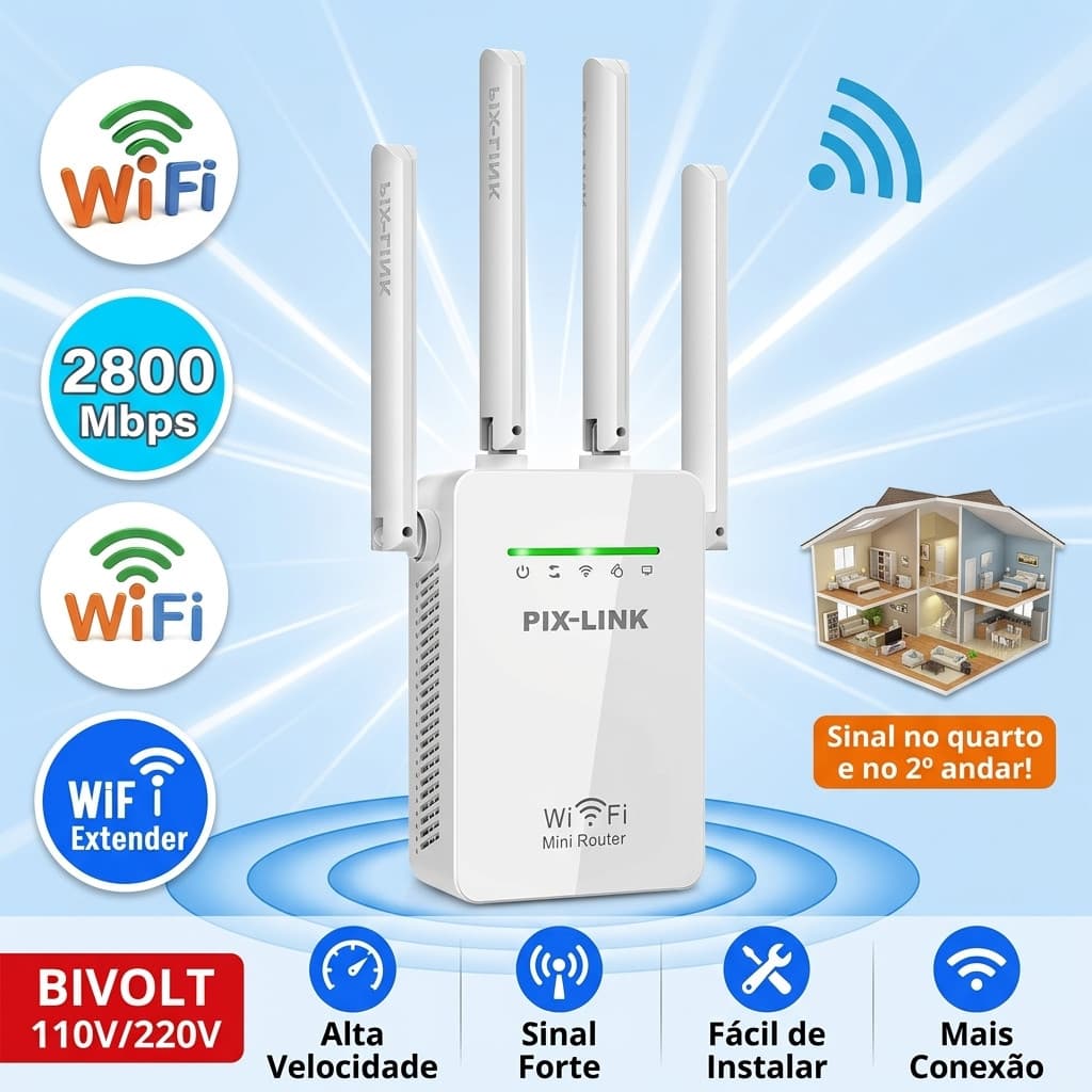 Repetidor Sinal Wifi Amplificador Pix-link 4 Antenas 2800mbps Extensor Longo Alcance Potente Roteador Sem Fio 110V＆220V