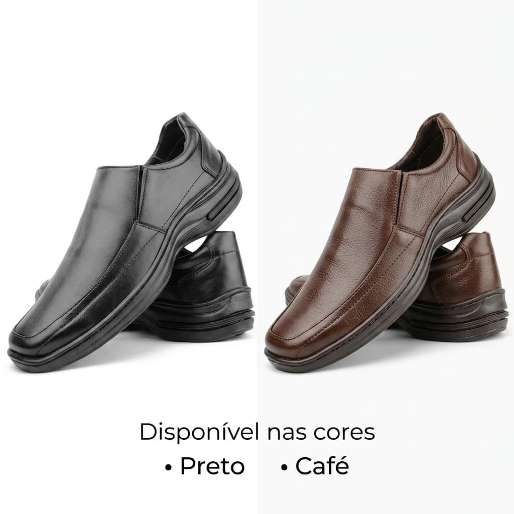 Sapato Social Masculino Slip On Couro Tecnológico Preto Café Confortável Antiderrapante Trabalho e Eventos