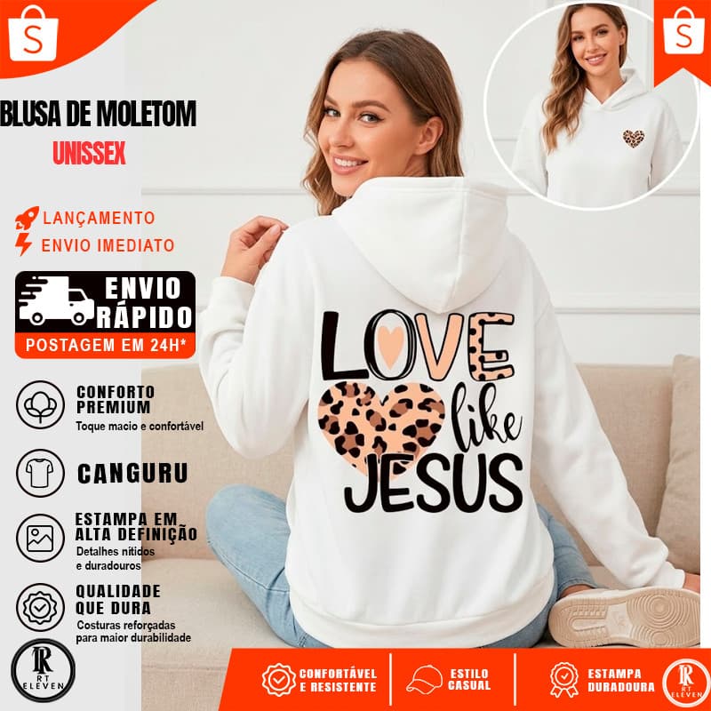 Blusa De Moletom Loves Like Jesus Blusa feminina Flanelado Blusa de Frio Unissex  Blusa de Frio com Bolso e Capuz