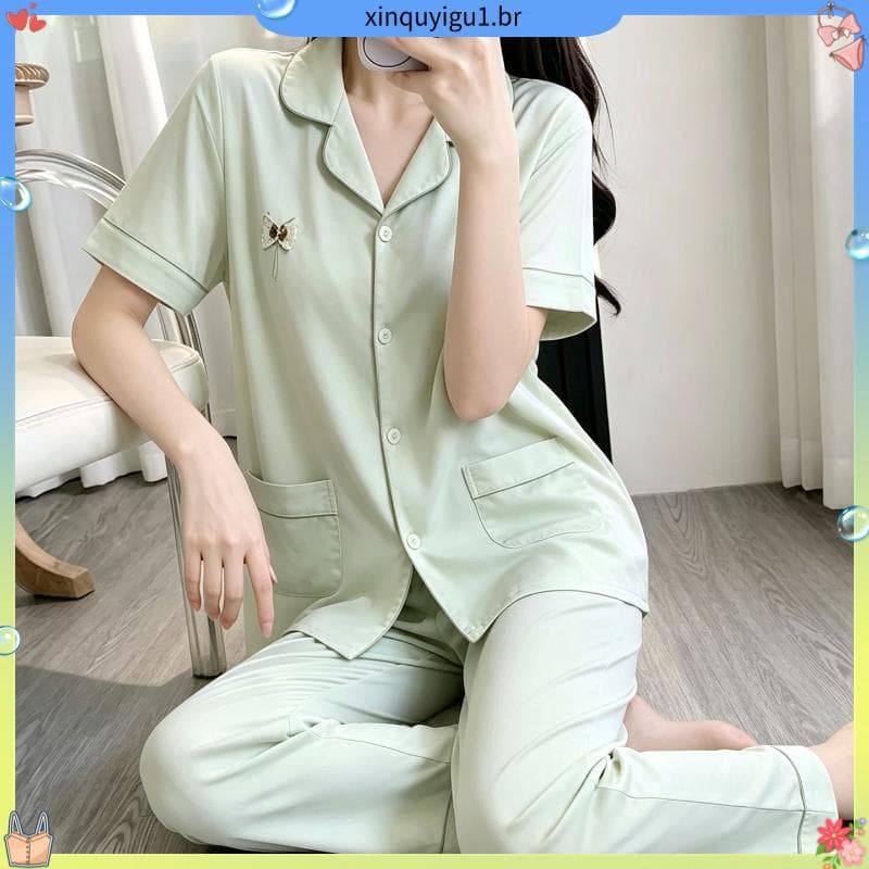 Conjunto de pijamas femininos de verão, calças de manga curta de duas peças, cardigã, versão solta de alta qualidade, po