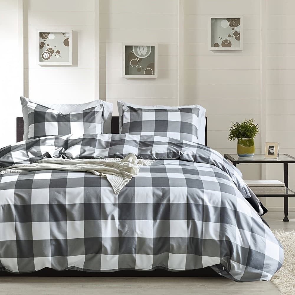 Conjunto de 3 peças de capa de edredão xadrez preto e branco conjunto de três peças impresso cama xadrez