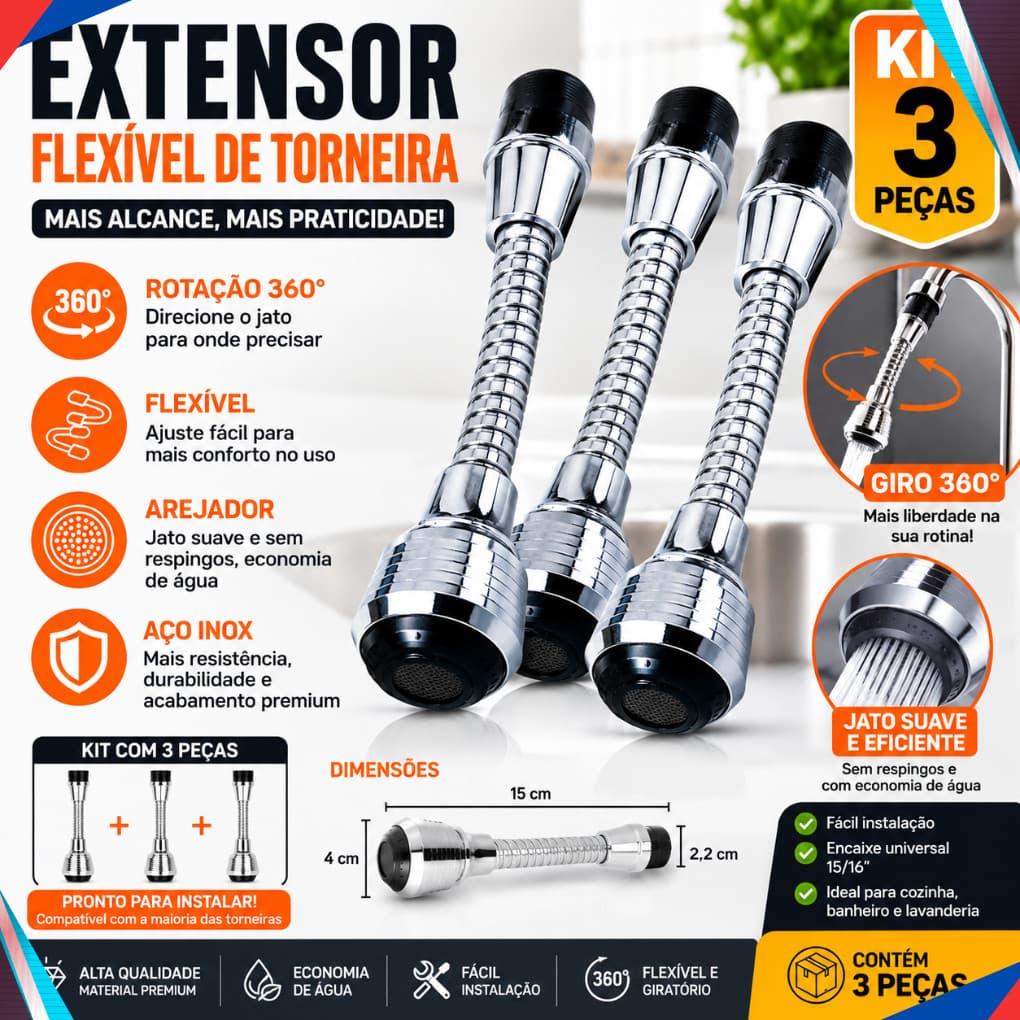 Extensor Flexível De Torneira de Agua Pia Cozinha Adaptador 15x10x4cm Giro 360° Arejador Aço Inox