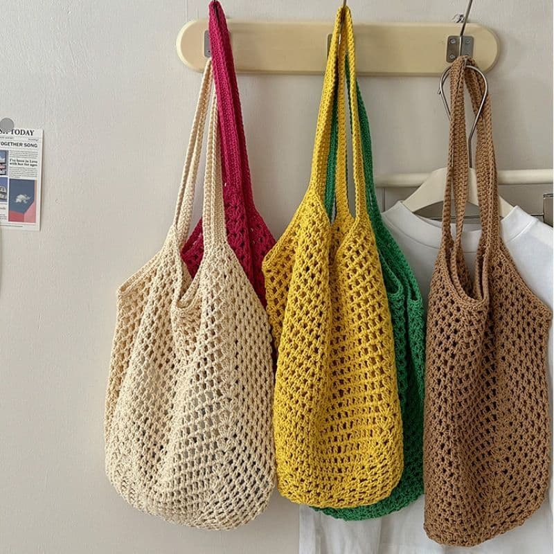 Casual grande capacidade fio de algodão tecido saco novo estilo oco saco de palha estilo preguiçoso bolsa de ombro féria