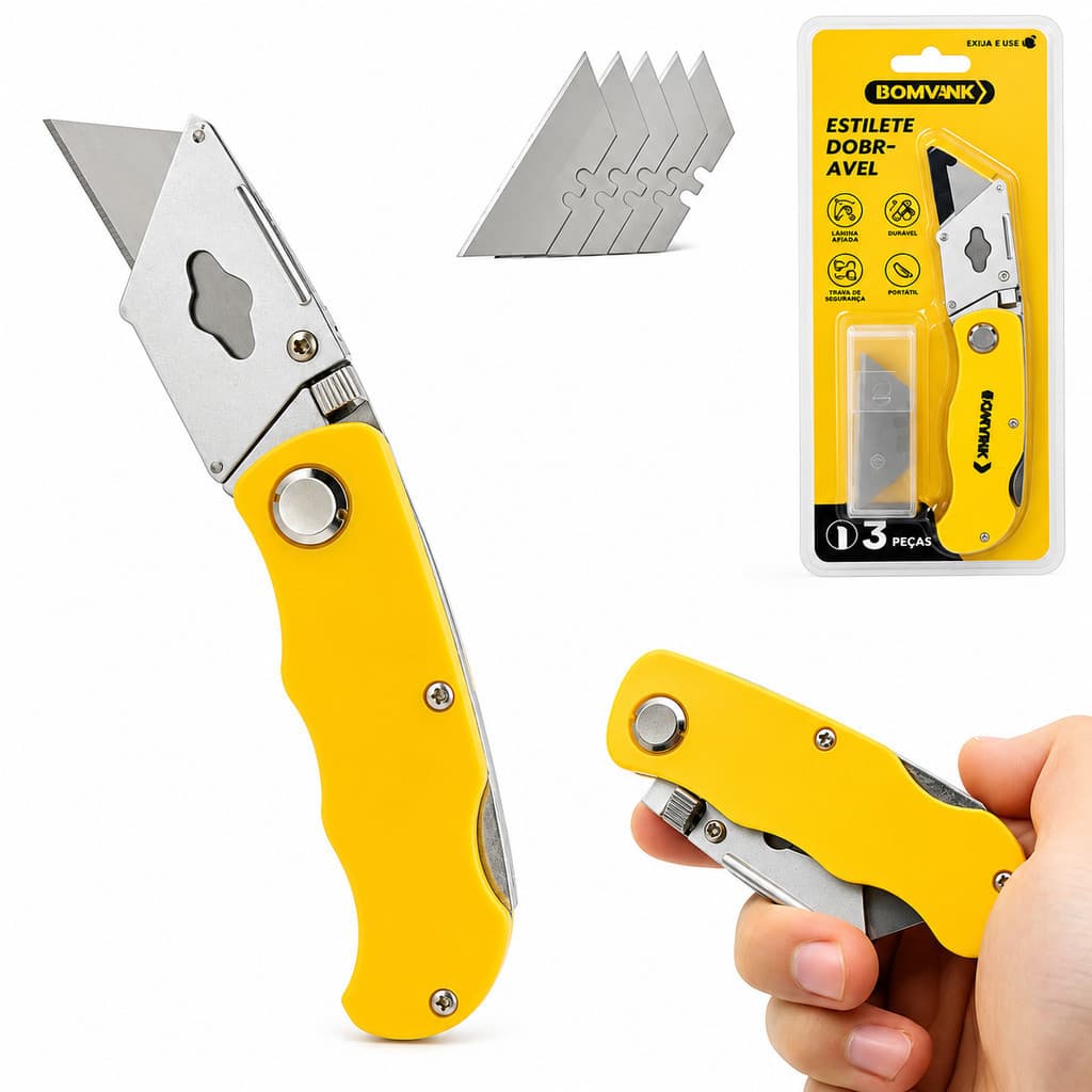 Estilete de Segurança Dobrável Trapezoidal Com 3 lâminas Profissional Reforçado 15cm Reposição