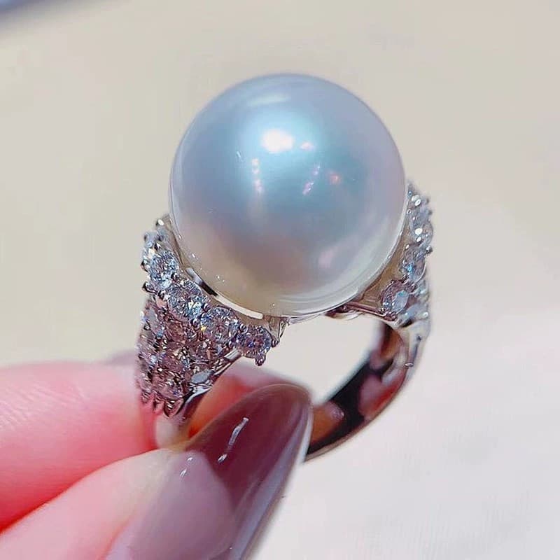 Anel feminino elegante com pérola grande incrustada com zircônia, acessório de moda, estilo de luxo leve, anel com pulse