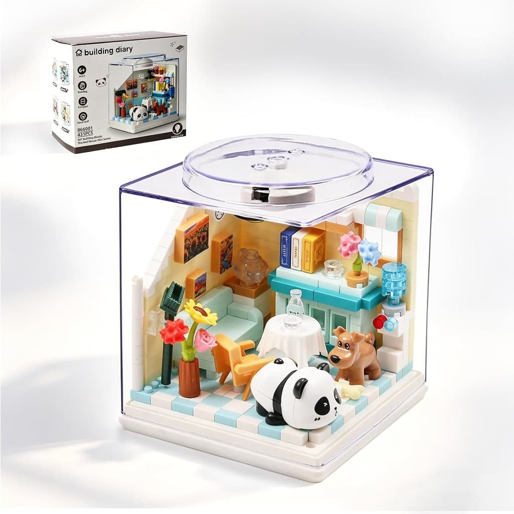 Conjuntos De Construção De Microblocos Para Sala De Estar Panda Com Proteção Contra Poeira | Kits De Modelo Vida Diária