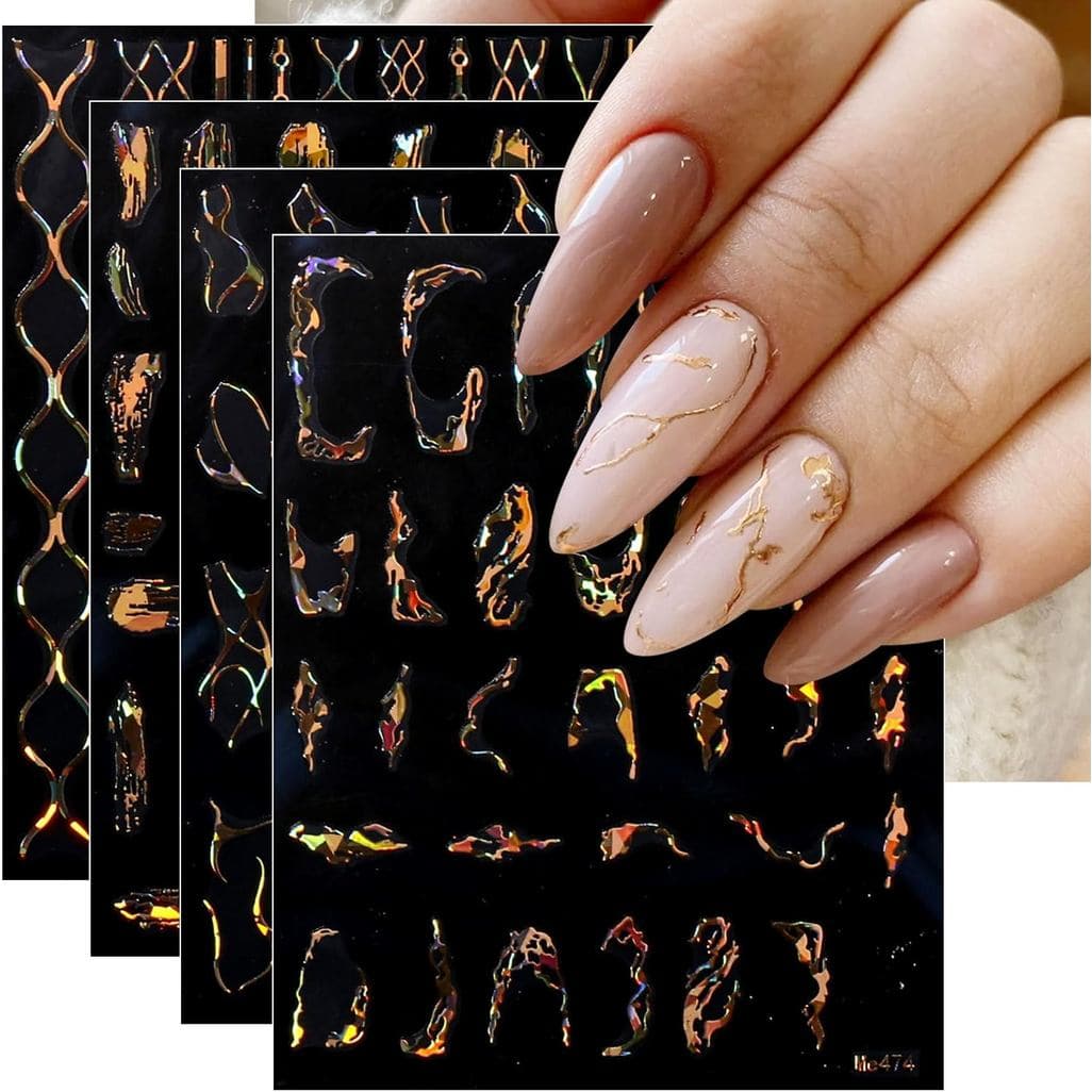 JMEOWIO 9 Sheets Marble Line Nail Art Stickers Decals Self-Adhesive Gold Nail Supplies Nail Art Design Decoration Access