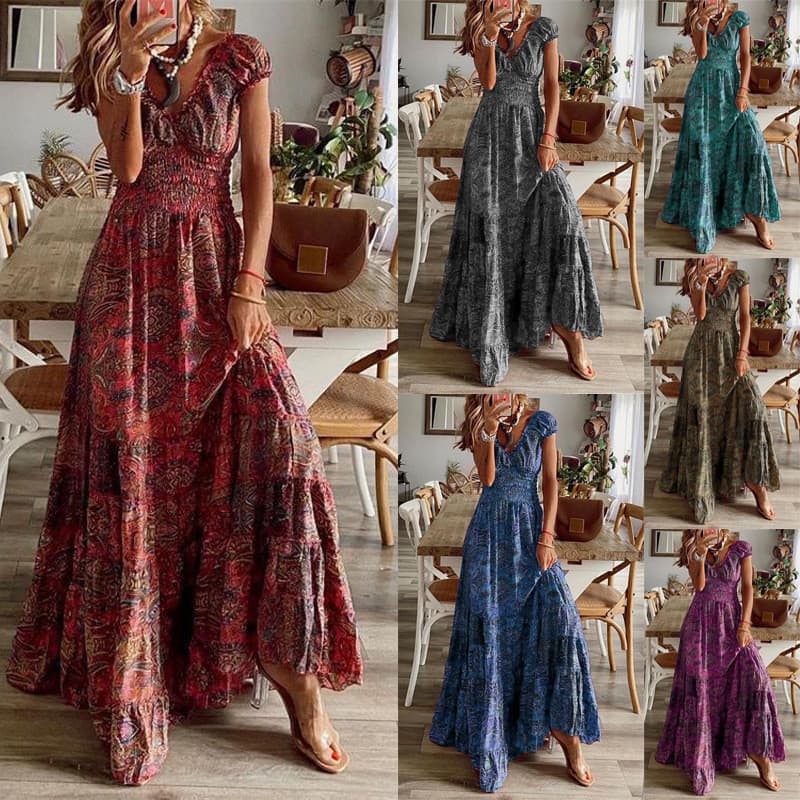 Novo estilo Simia estilo retrô vestido longo de uma peça cintura estreita estampa Floral vestido grande Swing