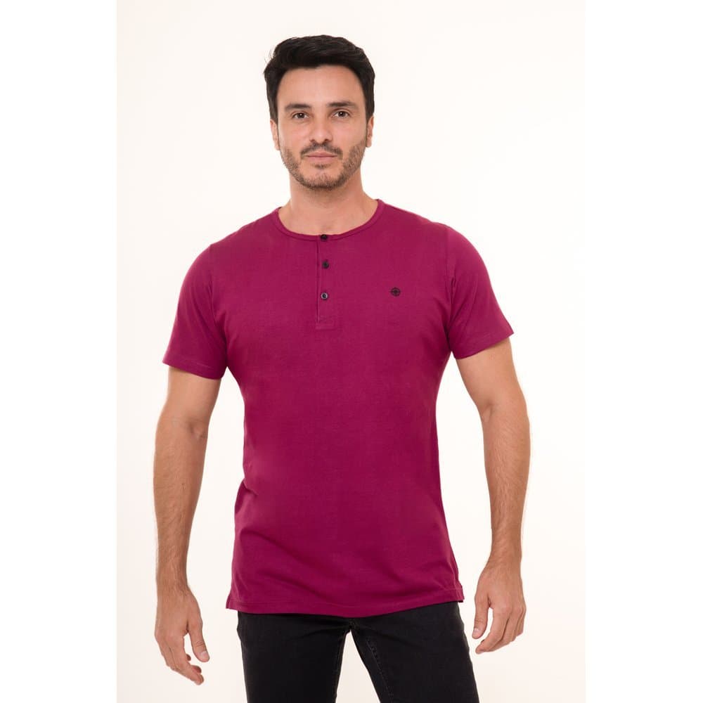 Camiseta Henley Botão Algodão Premium Slim Casul Cor Uva