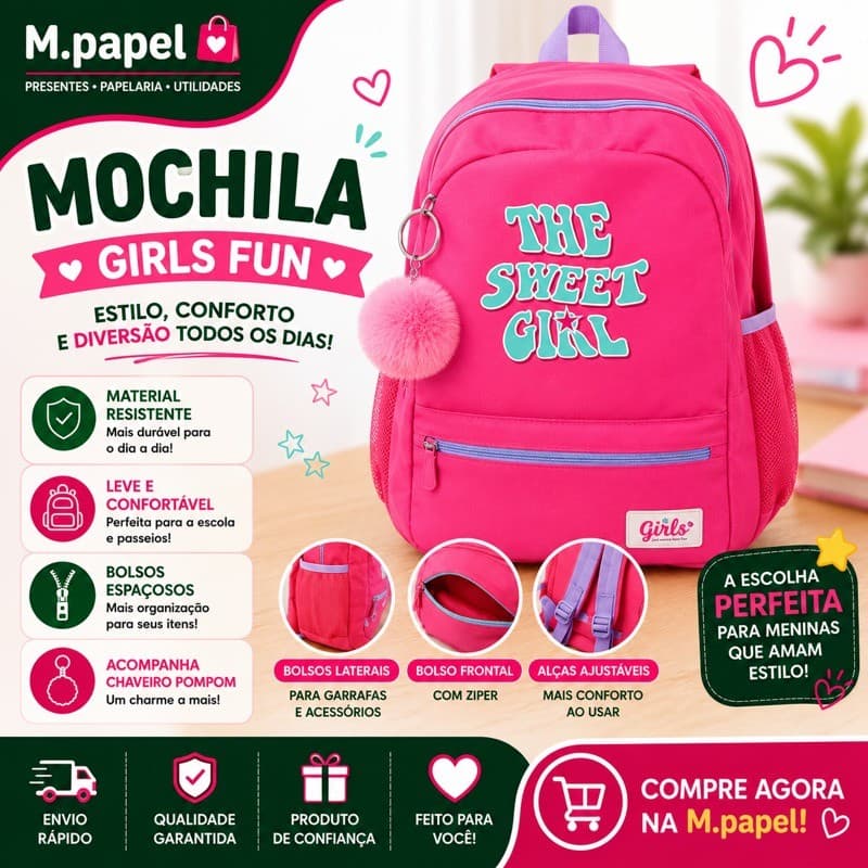 Mochila Girls FUN chaveirinho costas Feminina infantil, Juvenil conforto, praticidade e muito espaço para escola