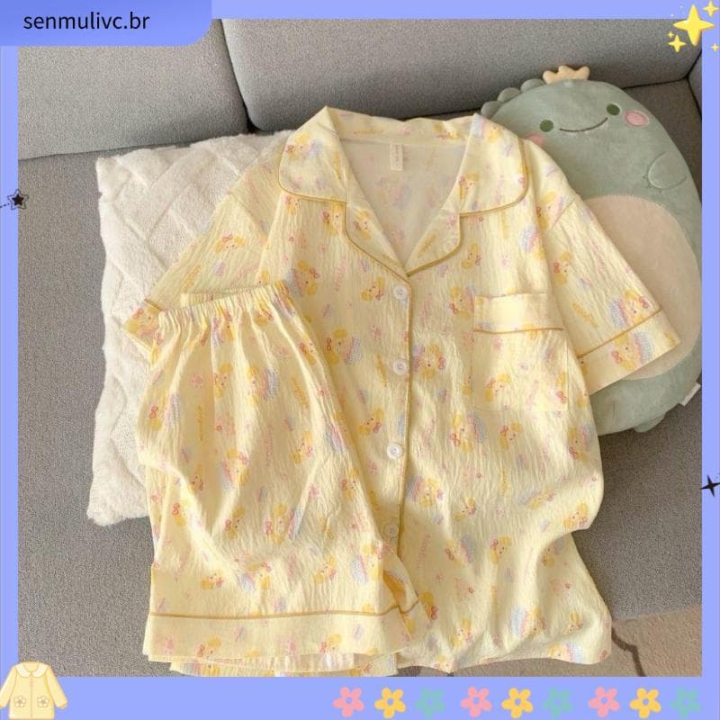 Sofá filhote de cachorro verão pijamas feminino nuvem algodão dos desenhos animados doce menina Shorts de manga curta es