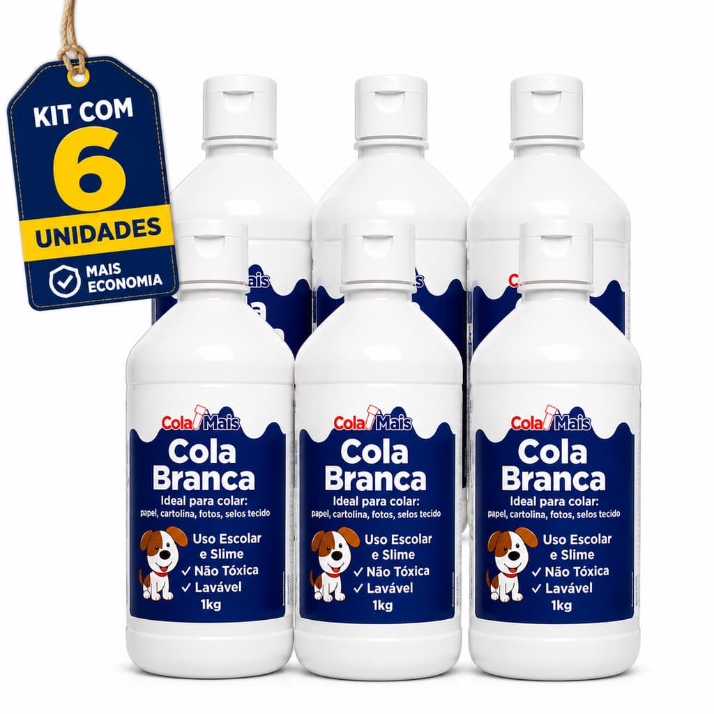Kit Cola Branca 1Kg 6 Unidades Lavável Atóxica Alta Fixação Papel Madeira EVA Artesanato Slime Uso Escolar