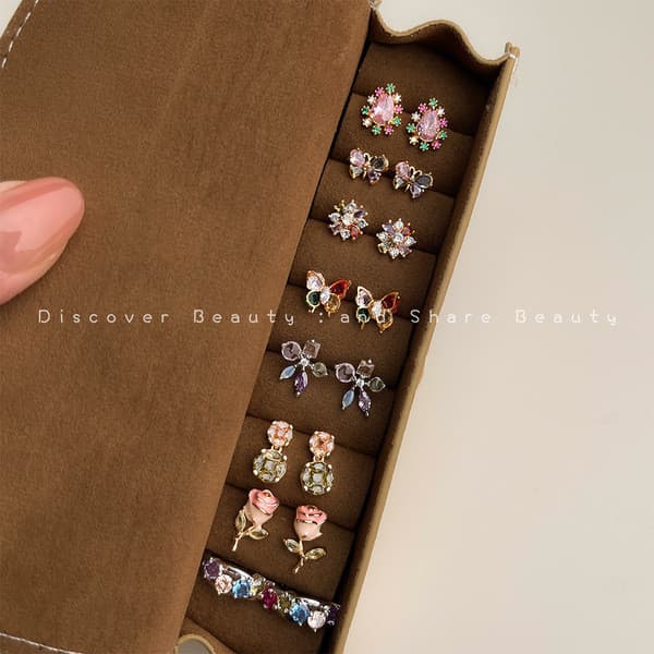 cartelas de brincos feminino kit brinco aço inoxidável ✯Fresco doce colorido zircão flor brincos estilo coreano moda bri