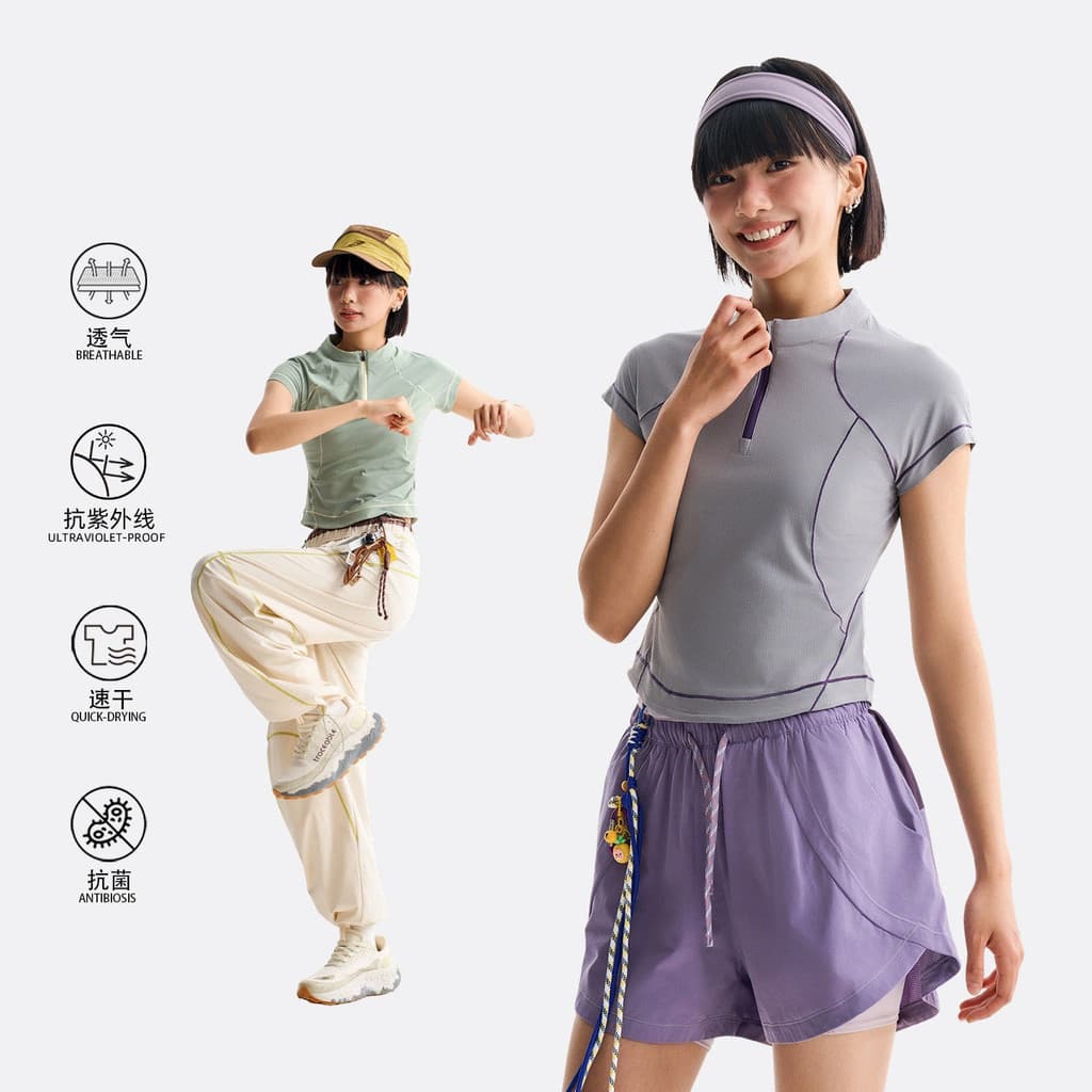 Camiseta Feminina Slim-Fit de Manga Curta para Atividades ao Ar Livre, Absorve a Umidade, Secagem Rápida, Contraste de C