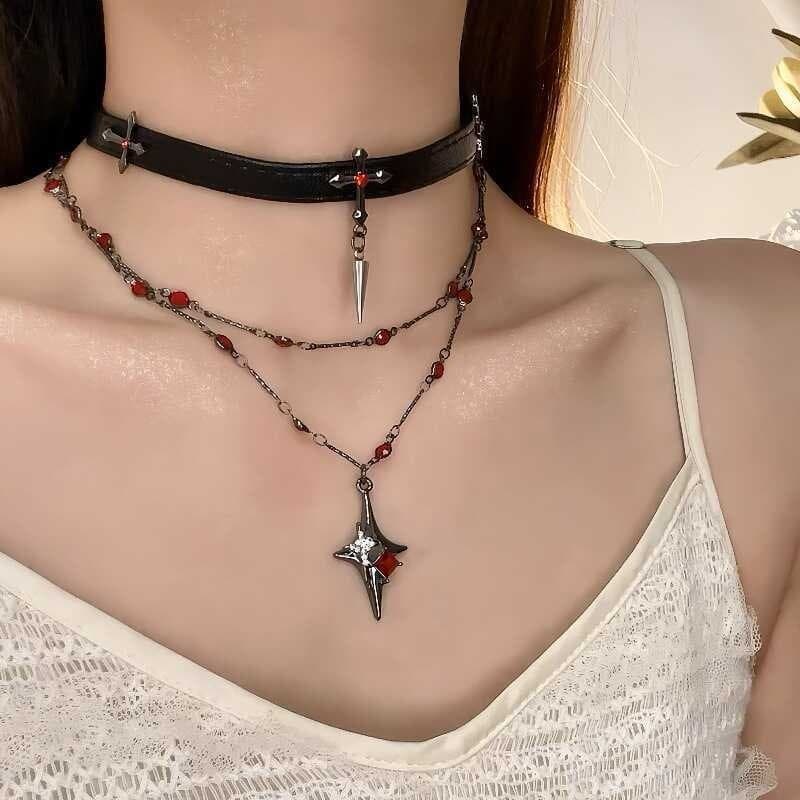 Estilo gótico escuro cruz pingente colar feminino y2k quente menina dupla camada gargantilha de couro clavícula corrente
