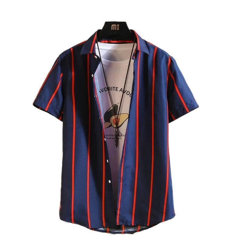Camisa Masculina Listrada de Manga Curta com Gola de Botões, Casual para o Verão XJN