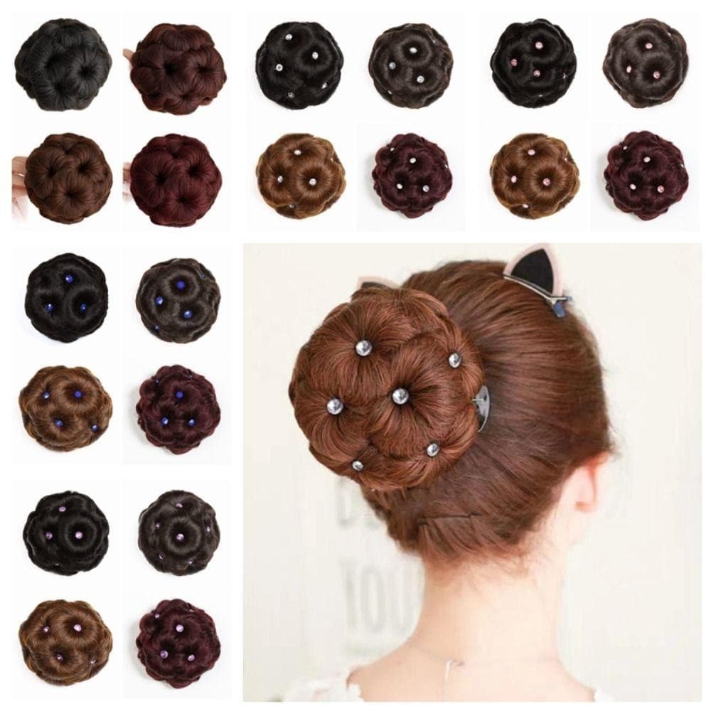 Coque de Cabelo Sintético, Anel de Flor em Forma de Donut com Nove Flores, Pequeno e Cacheado