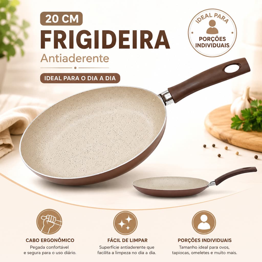 Frigideira Apollo 20cm Cerâmica Antiaderente Marrom Resistente com Cabo Ergonômico