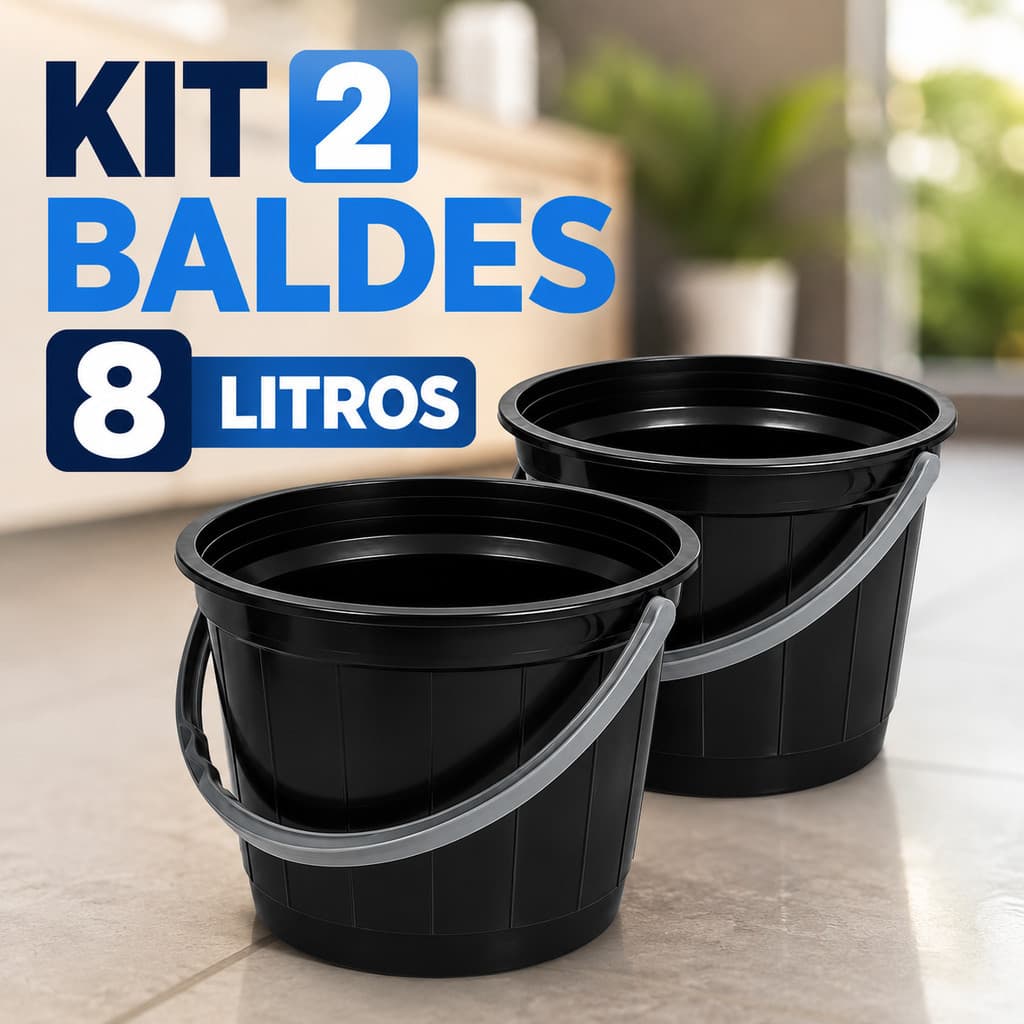 Kit 2 Baldes 8 Litros Preto Plástico Reforçado Alça Limpeza Doméstica Obra Jardinagem Alta Durabilidade