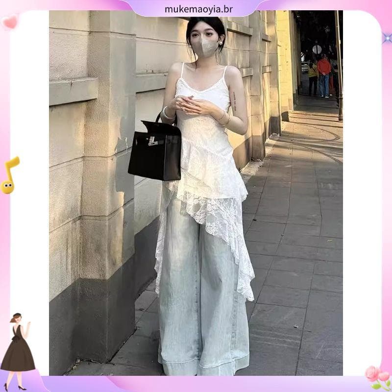2025 Irregular versão coreana renda estilingue vestido feminino primavera gordura mm cintura estreita mais magro olhar e