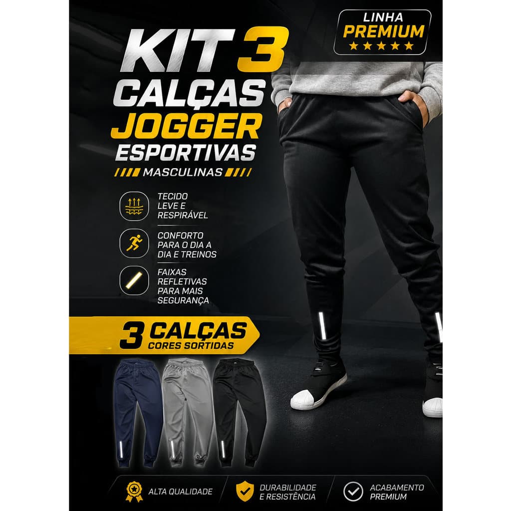 Kit 3 Calças Jogger Esportivas Masculinas Linha Premium Com Faixas Refletivas