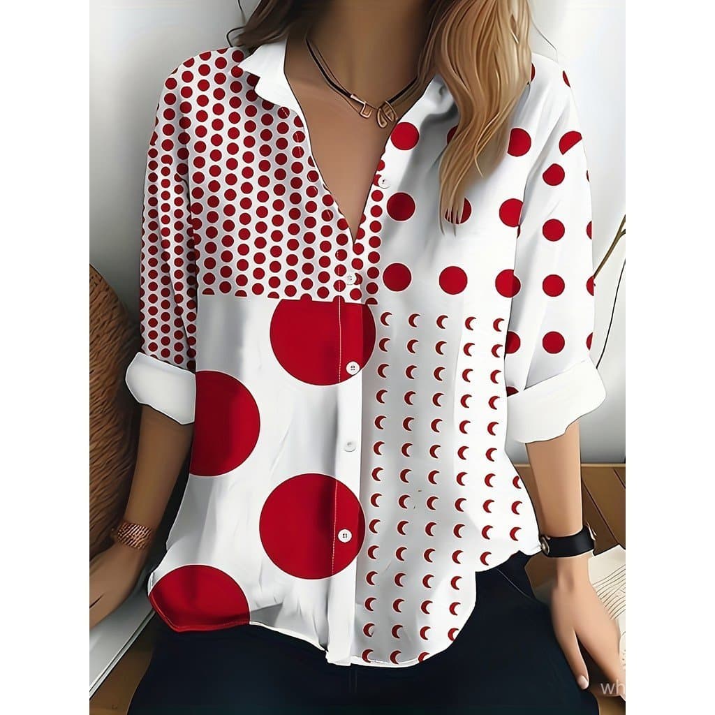 Camisas Florais Elegantes com Estampa de Bolinhas para Mulheres, Blusas Casuais de Manga Longa com Botões, R
