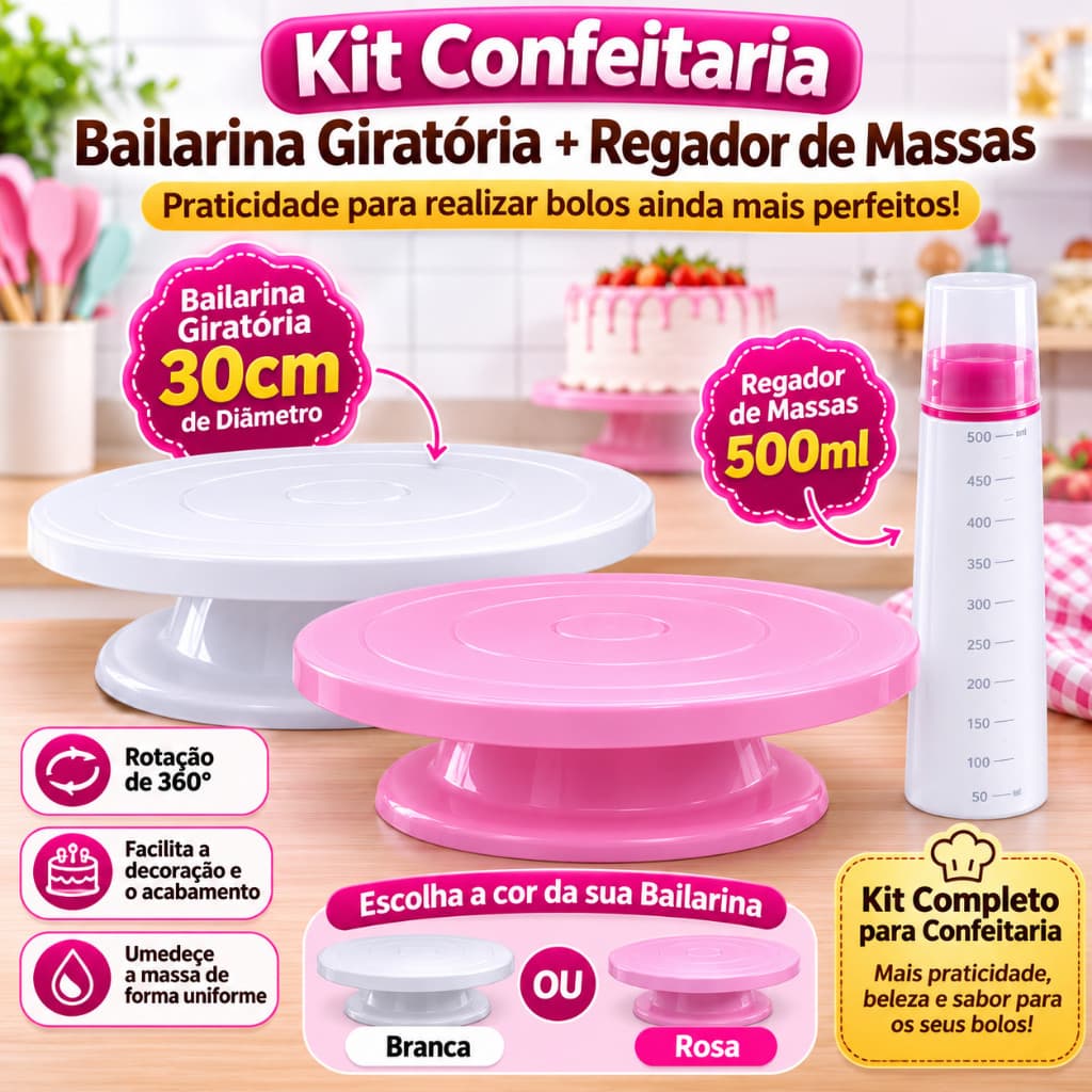 Kit Confeitaria Bailarina Giratória 30cm e Regador de Massas Para Molhar Umedecer Bolos Confeitaria