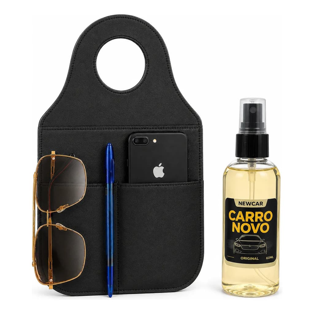 Kit Cheirinho Carro Novo NEW CAR + Lixeira Para Carro Com Porta Objetos Premium