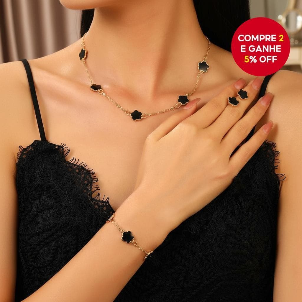 Conjunto de Joias de Trevo de Cinco Folhas Coreano com Colar, Pulseira e Brincos para Mulheres, Presente Sorte Novidade