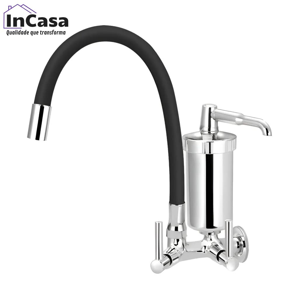 Torneira De Cozinha Gourmet Cromada Bica Silicone Flexivel Preto De Parede