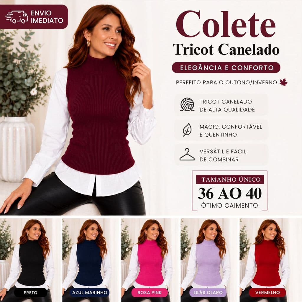 Colete Feminino Tricot Canelado Sem Manga Elegante Outono Inverno