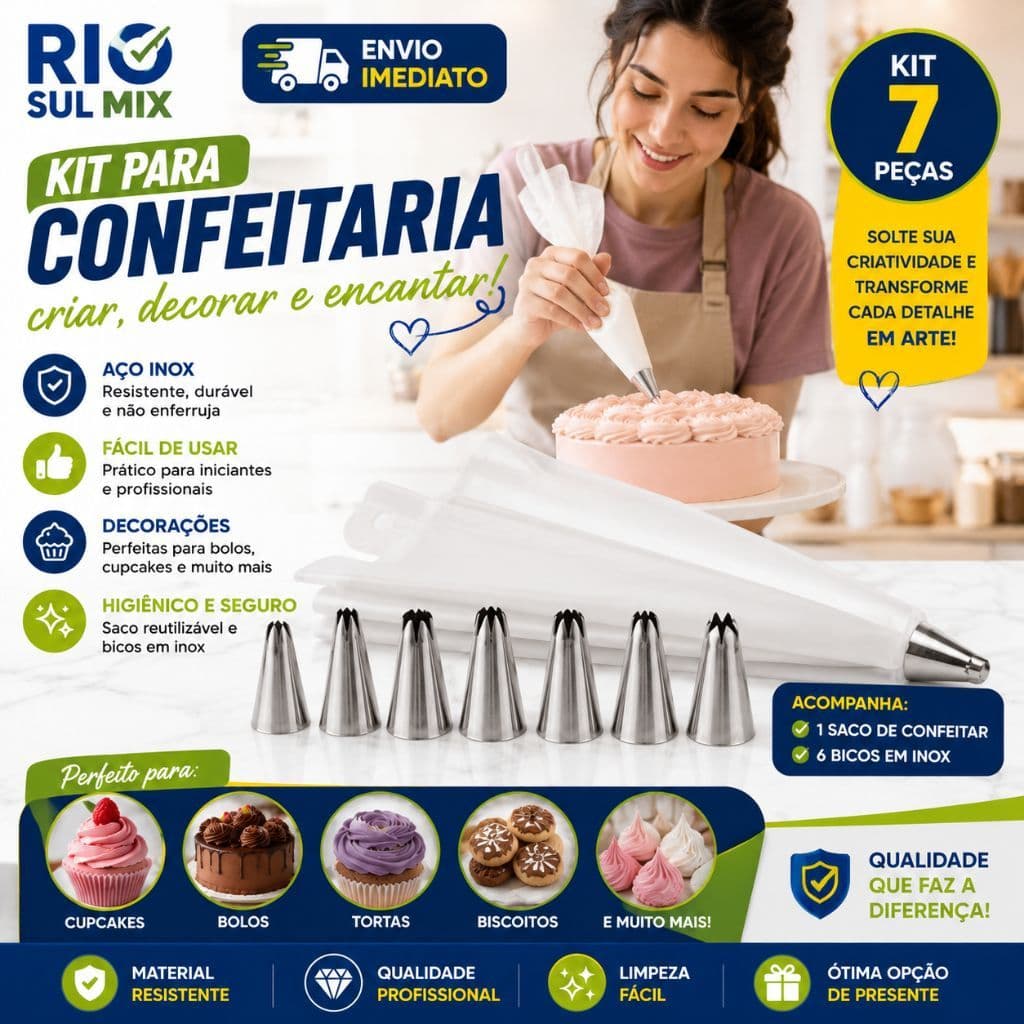 Kit Confeitaria 7 Peças Saco De Confeitar Reutilizável 6 Bicos Inox Para Bolos Cupcakes Tortas Doces