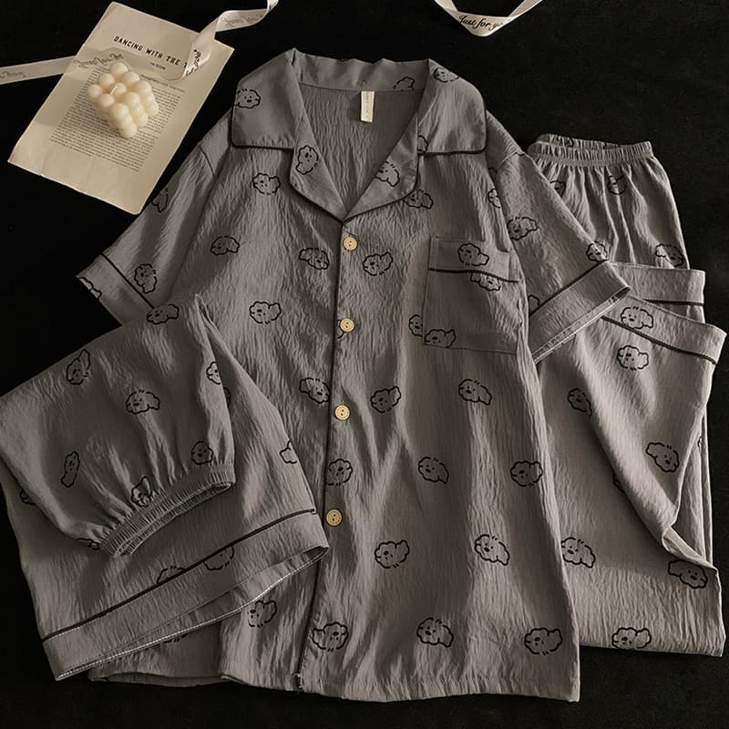 Pijama de manga curta com desenho de cachorro cinza, pijama masculino fino e fresco, algodão puro, terno de três peças p