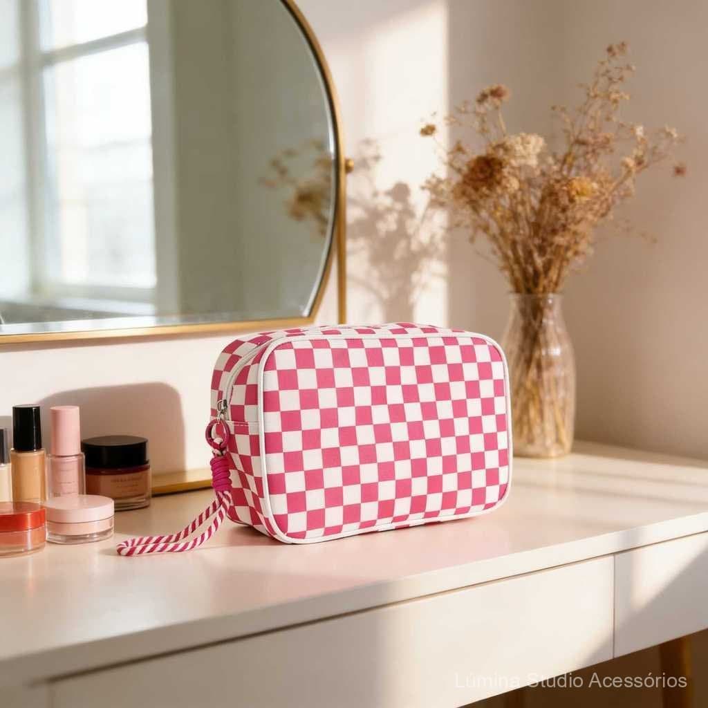 Bolsa de cosméticos xadrez simples, portátil, elegante, bolsa de maquiagem de viagem de grande capacidade, à prova d'águ