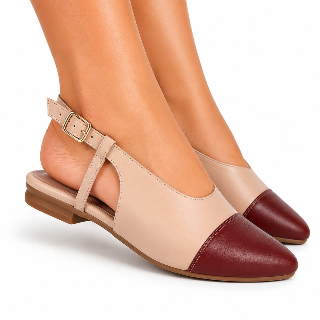 Sapatilha Feminina em Couro Slingback Bico Fino Salto Baixo Confortável Suzana